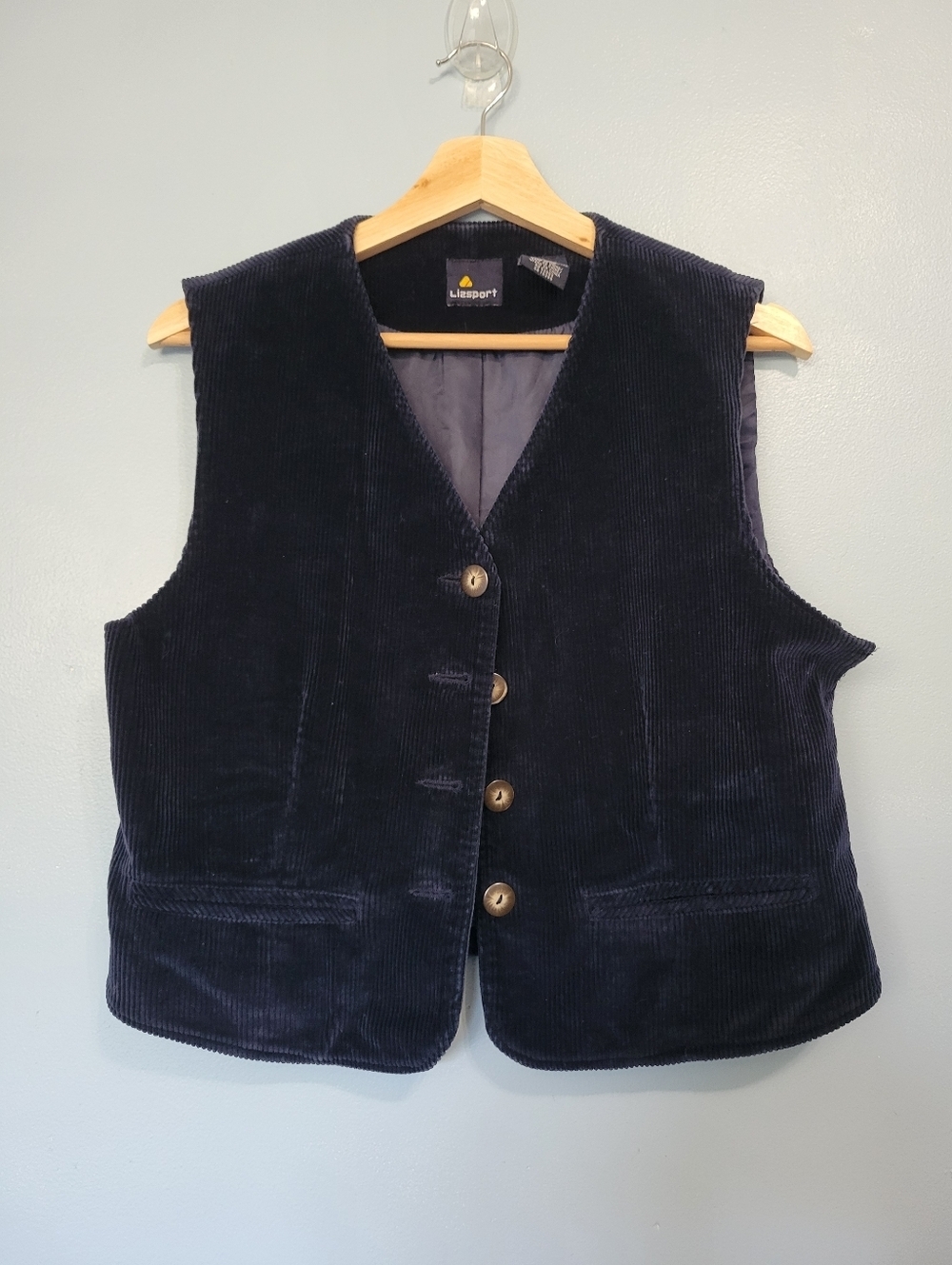 Vtg Lizport Womens Preppy Navy Corduroy Button Vest S